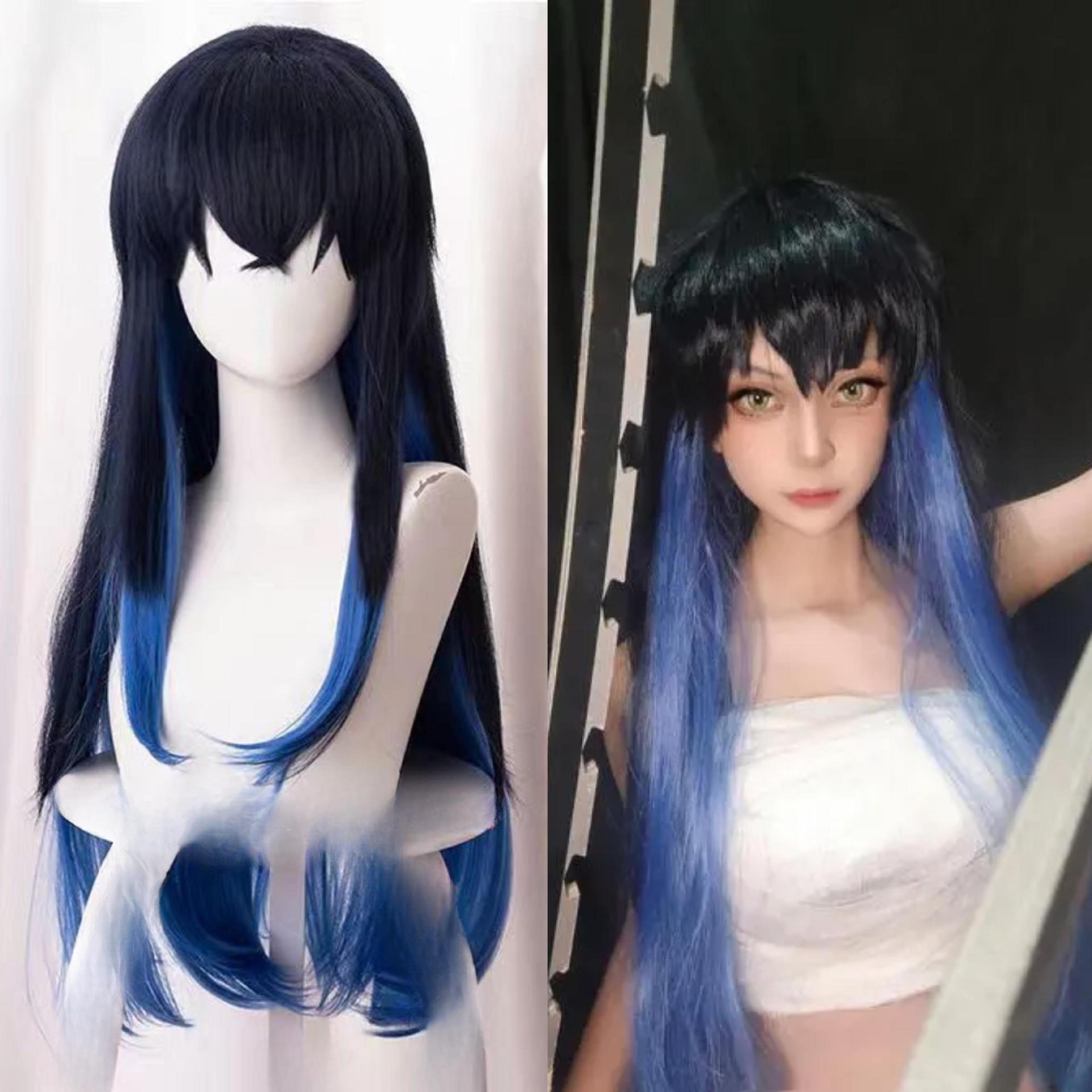 鬼灭之刃 嘴平伊之助 性转猪猪 cos 假发渐变宝蓝cosplay