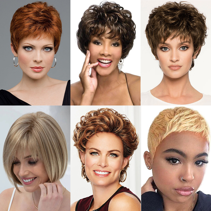 亚马逊欧美假发女士时尚蓬松斜刘海短卷发化纤假发全头套wig厂家