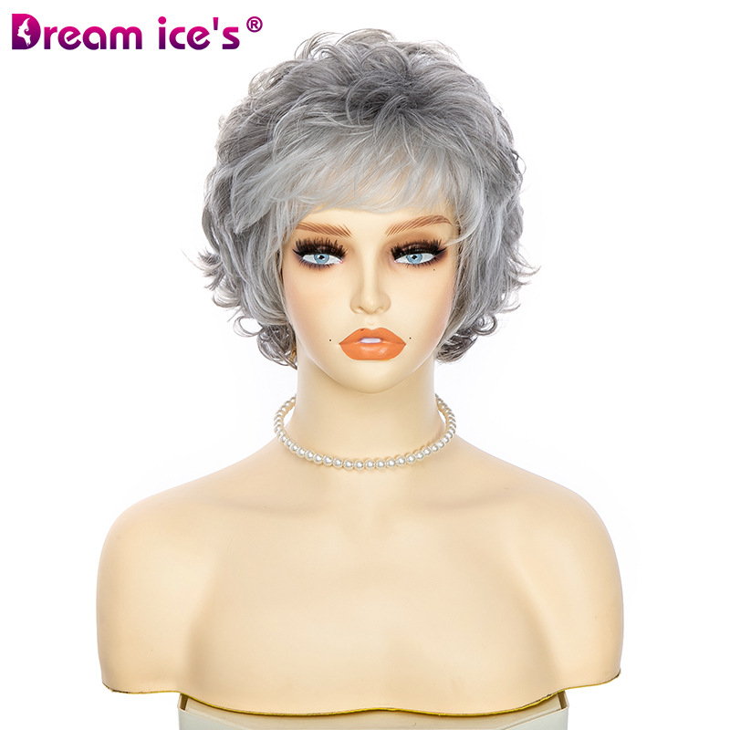 许昌假发短卷发银灰色化纤高温丝机制欧美时尚女头套