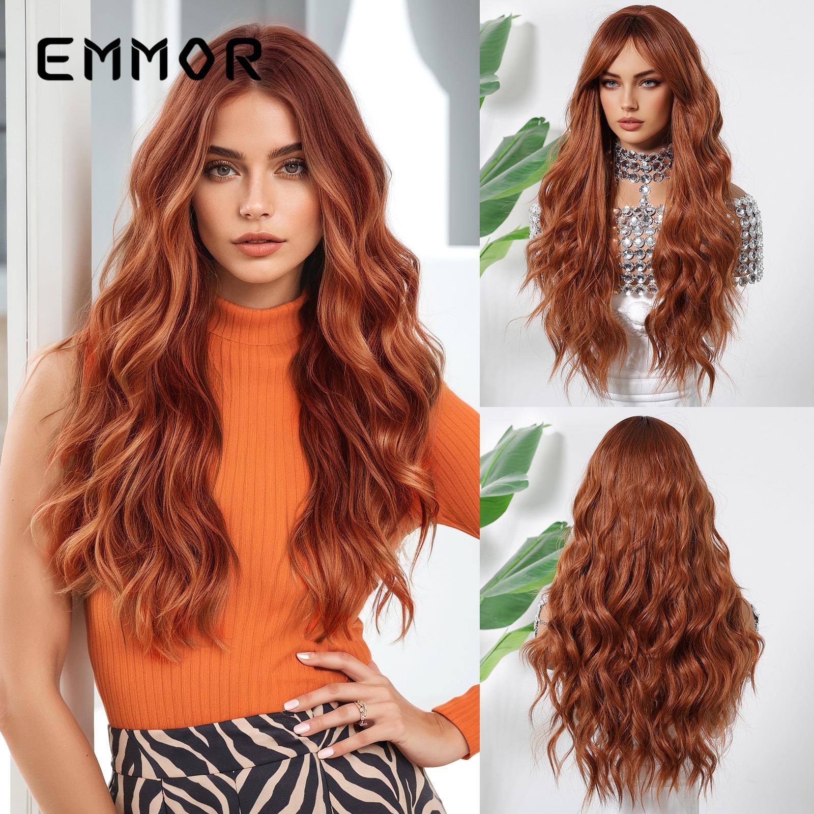 欧美假发女八字刘海大波浪长发头顶染橘棕色全头套时尚假发wigs