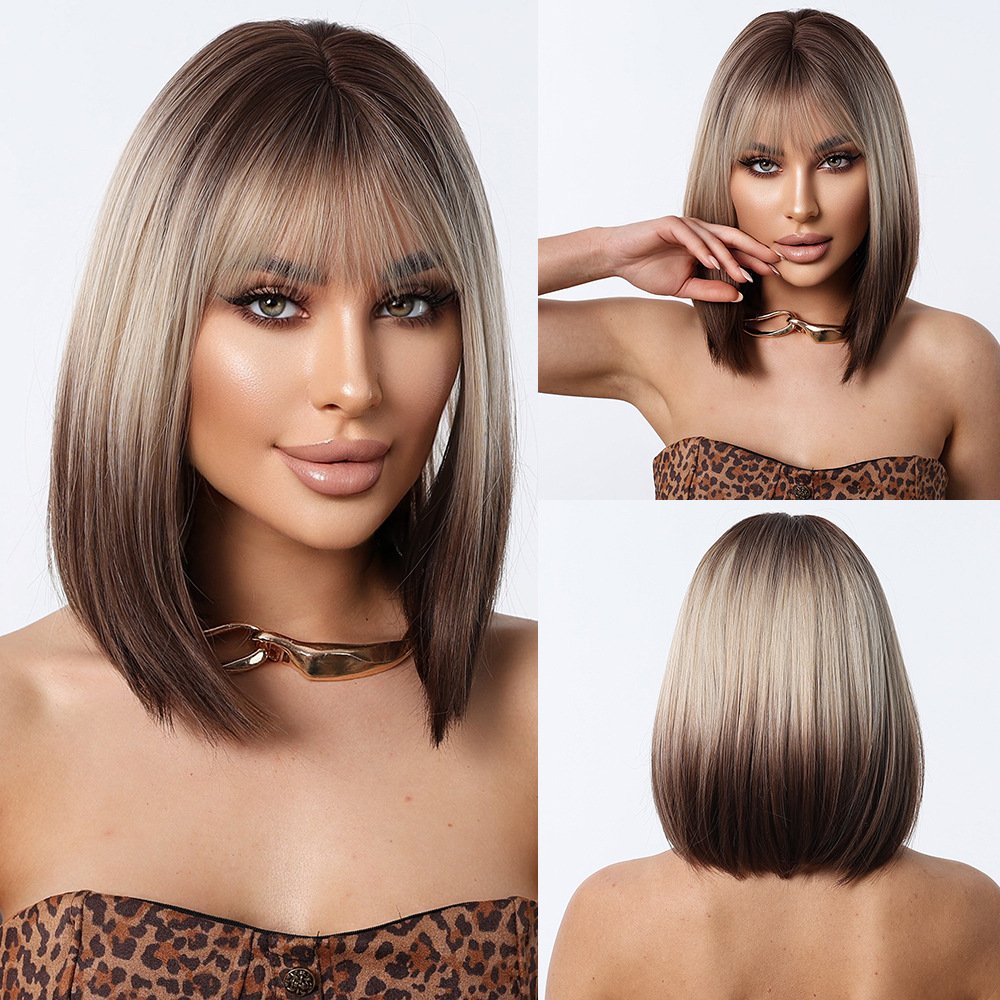 shein热销欧美假发染色渐变棕色女士假发全头套齐刘海日常假发wig