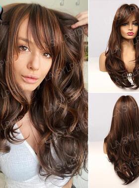 八字刘海假发微卷发hair 欧美假发女 棕色挑染红色高温丝头套wigs