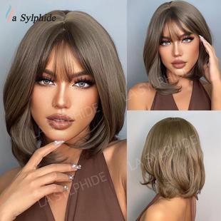 外贸欧美女士 化纤机织假发头套 空气刘海微卷锁骨发 棕色BOBO头