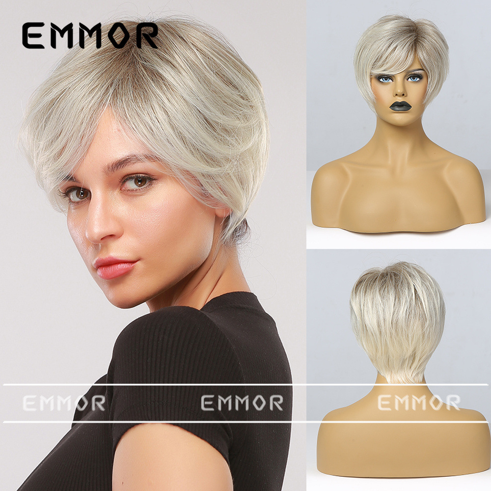 Emmor欧美亚马逊老奶奶款短发女士假发 渐变金色化纤发刘海款微卷