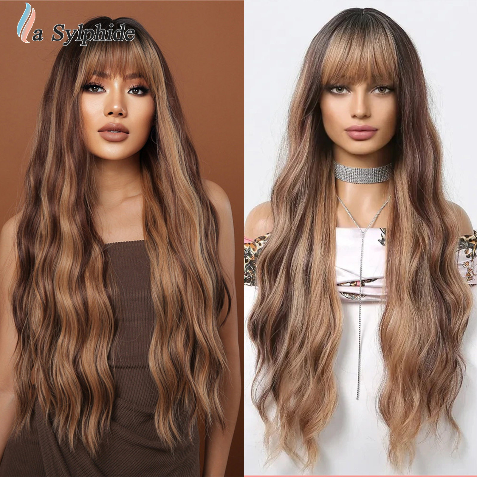 假发外贸欧美女hair深棕染浅棕齐刘海长卷发机制头套新wigs