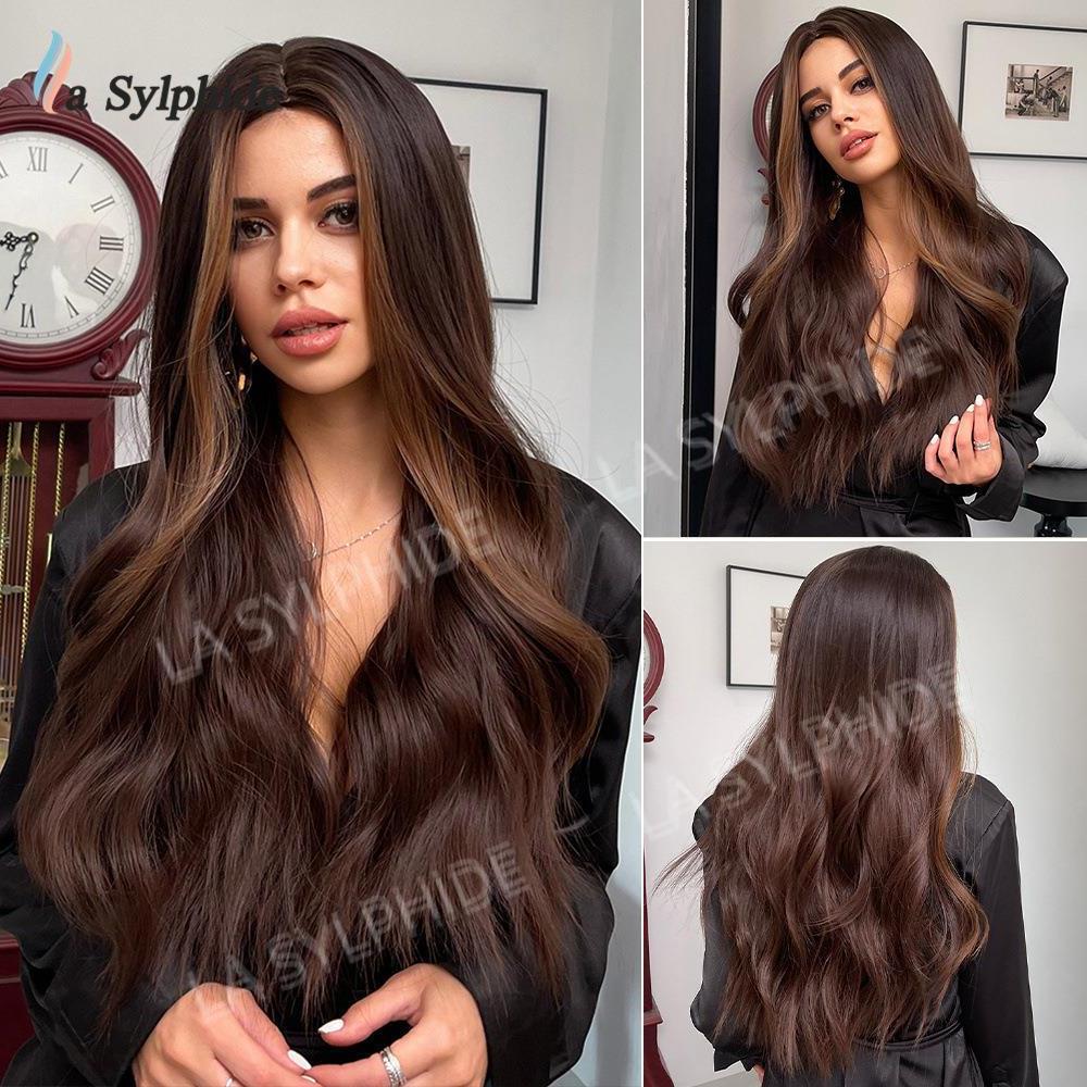 欧美外贸出口黑色棕色挑染长卷发刘海假发女Hair机制化纤高温丝Wi
