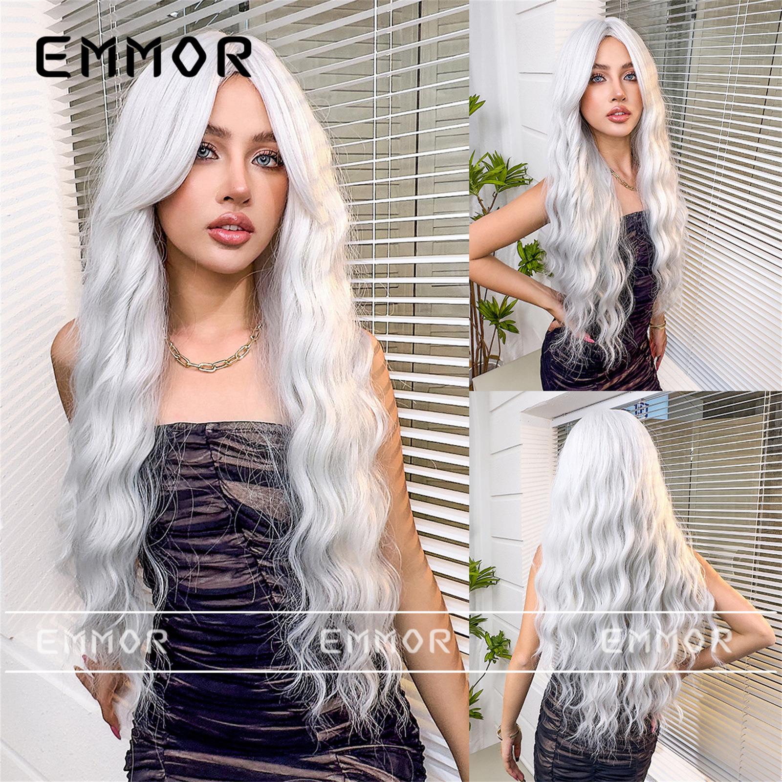 跨境货源热销八字刘海修脸银白色大波浪长卷发欧美网红假发全头套