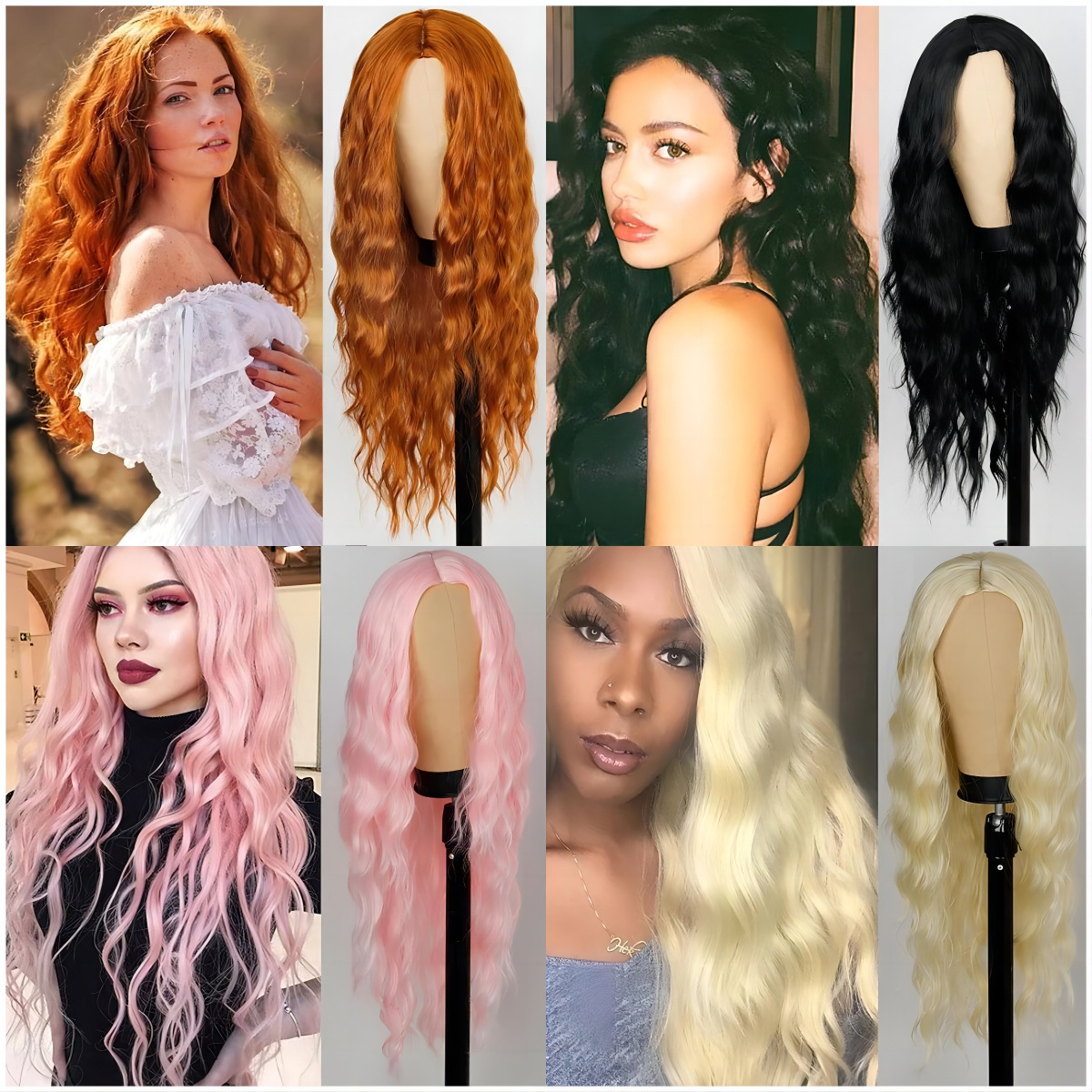 跨境假发 欧美女化纤头套网红橘色波浪卷长卷发高温丝假发头套