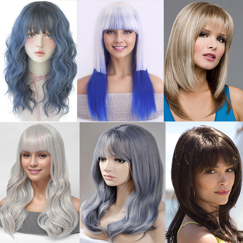 跨境外贸欧美假发女时尚大波浪长卷发烟灰色齐刘海假发全头套