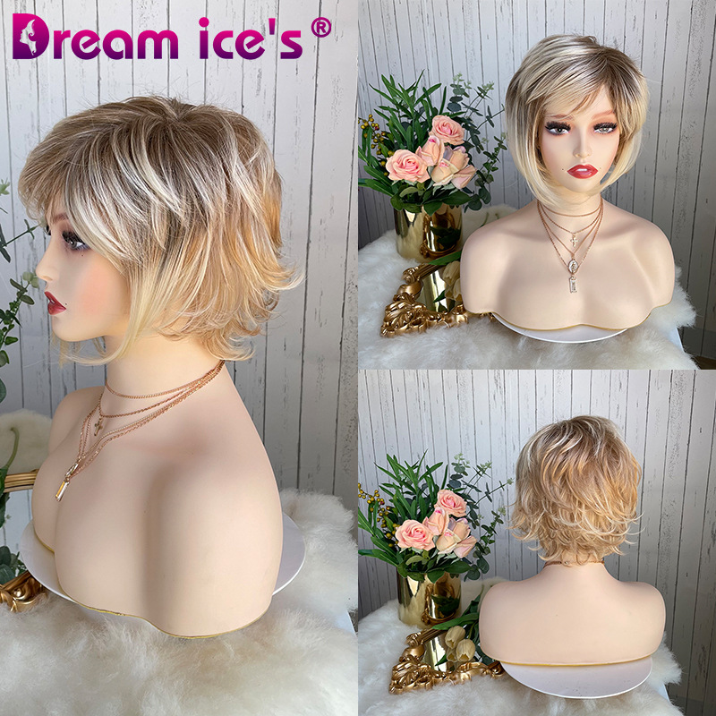 外贸欧美时尚化纤高温丝金棕色短卷发偏分自然假发女头套