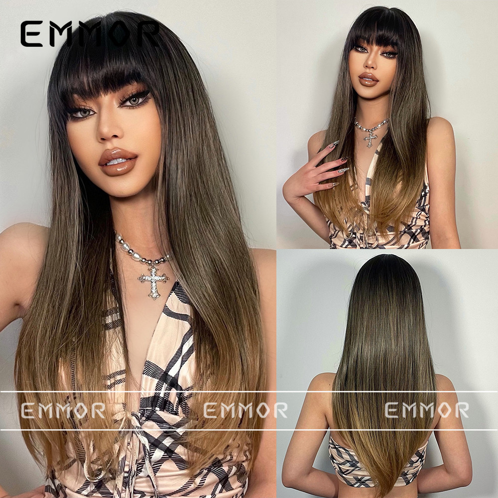 热销欧美风空气刘海渐变棕色长直发自然时尚假发全头发型wigs
