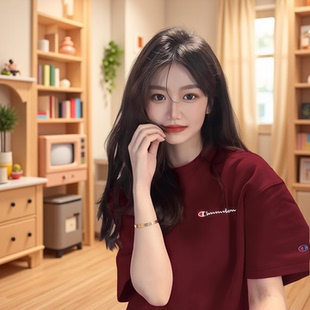 T恤女夏重磅纯棉刺绣宽松打底五分袖 七彩冠军美式 休闲酒红色短袖