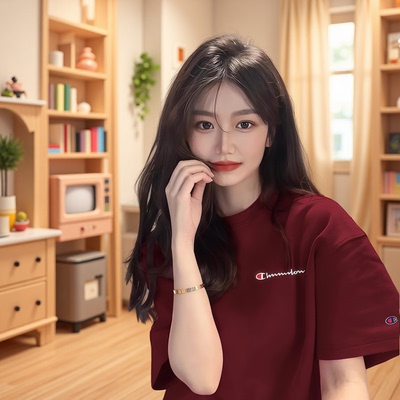 七彩冠军美式休闲酒红短袖T恤女