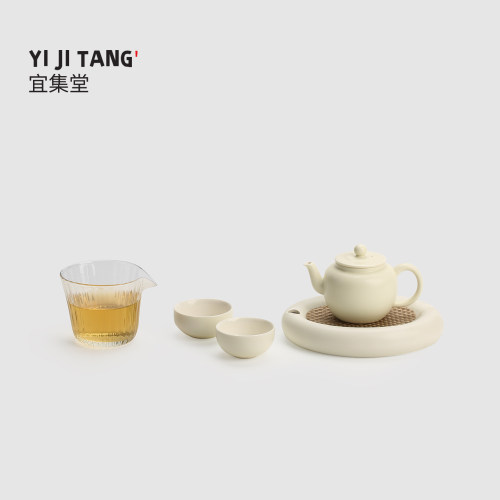 宜集堂田心奶油风功夫茶具简约喝茶泡茶一壶二杯带茶盘陶瓷壶承