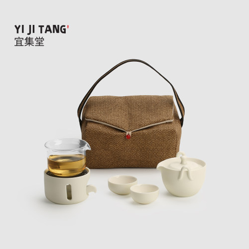 宜集堂庭汉奶油风功夫茶具套装白瓷高品质茶具套装一壶二杯收纳