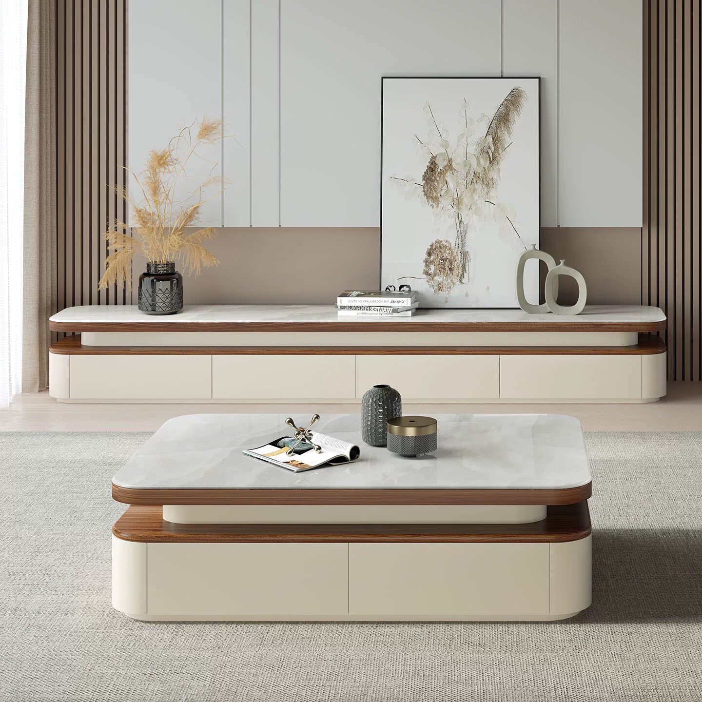 中古风实木茶几电视柜组合长方形奶油风客厅家用高级感岩板茶几桌