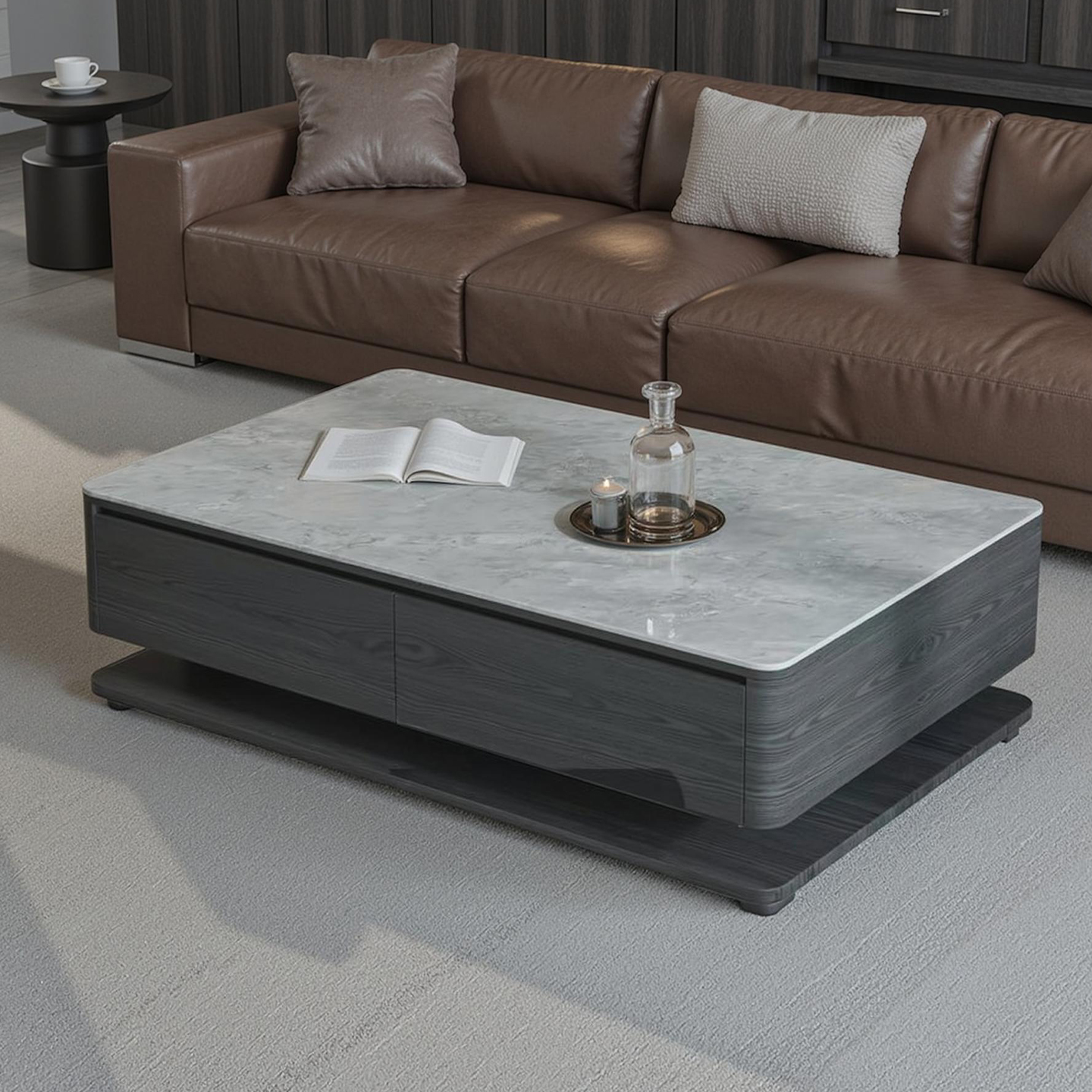 意式现代实木长方形岩板茶几