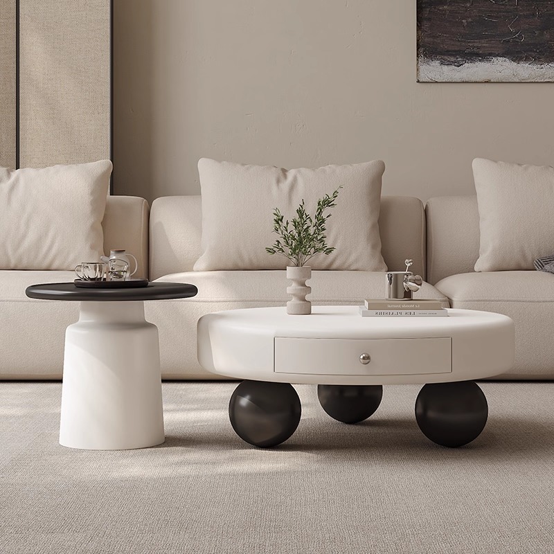 法式圆形奶油风极简茶几2025新款