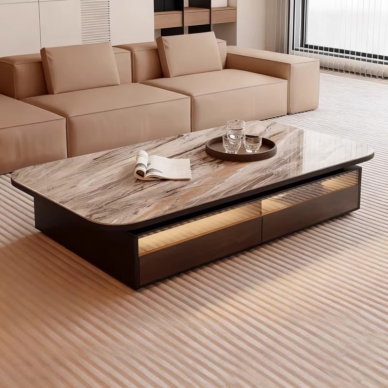 意式岩板玻璃茶几带灯电视柜