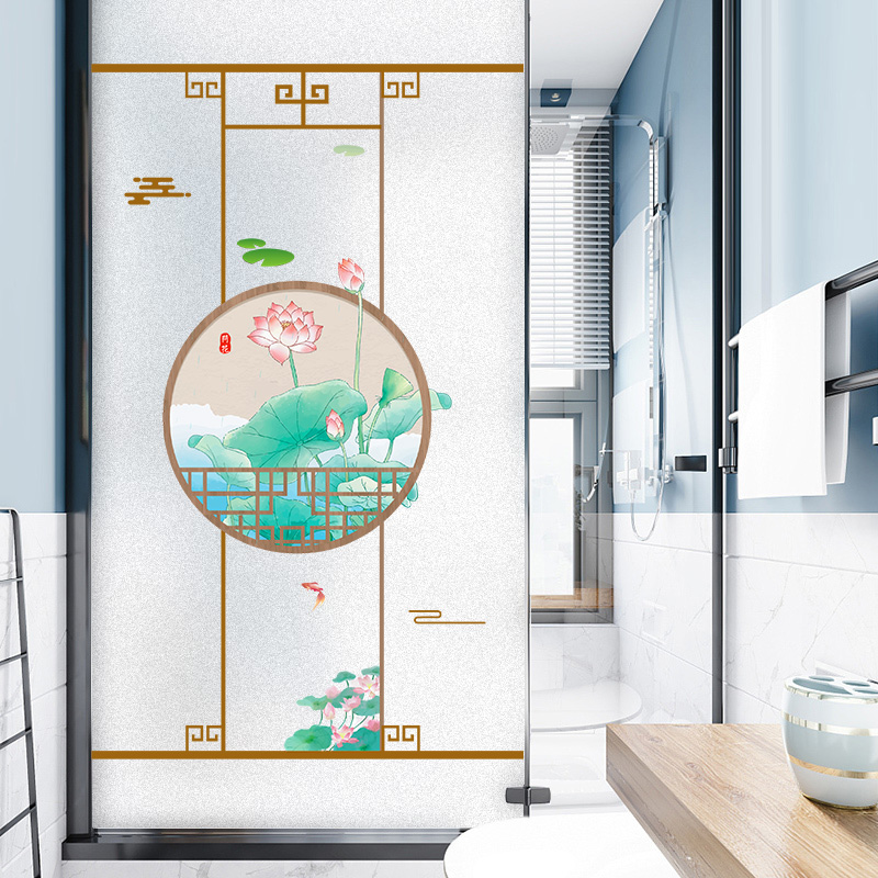 新中式荷花磨砂贴纸防窥视贴膜