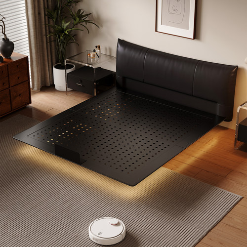 复古风碳素钢悬浮床主卧室真皮软包储物不锈钢铁艺床架1米8双人床