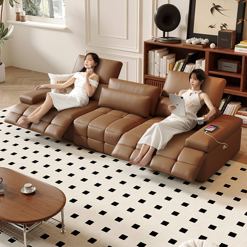 红晟多功能沙发电动可调节懒人椅劳伦斯棕色客厅太空舱真皮沙发