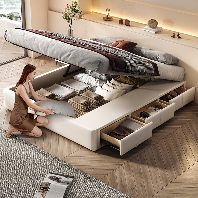 无床头高箱储物床现代简约意式极简皮艺榻榻米主卧大床无靠背