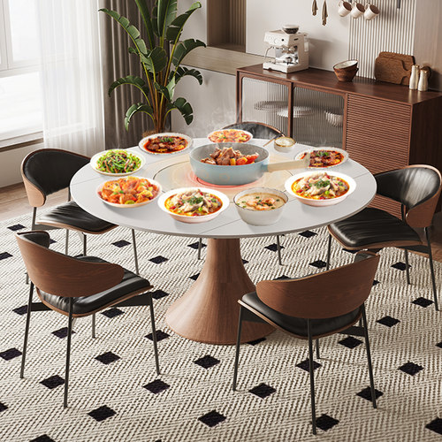 红晟多功能岩板餐桌家用小户型可变圆桌旋转可伸缩圆餐桌椅组合