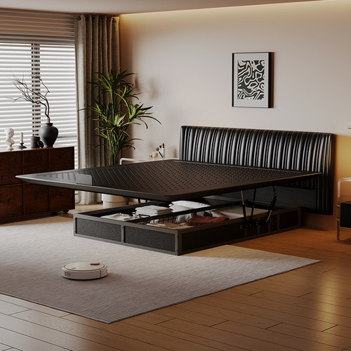 复古贝壳真皮床中古风铁艺碳素钢悬浮储物床架黑色软包主卧室大床