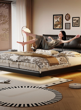 红晟多功能悬浮床靠背可调节真牛皮软包储物床意式极简主卧室大床