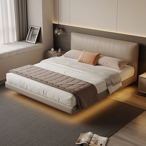 真皮意式轻奢薄床头悬浮储物床