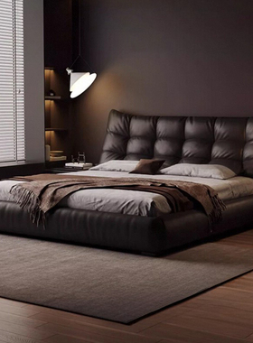 现代简约真皮床主卧大床头层牛皮黑色高箱储物双人床大黑熊泡芙床
