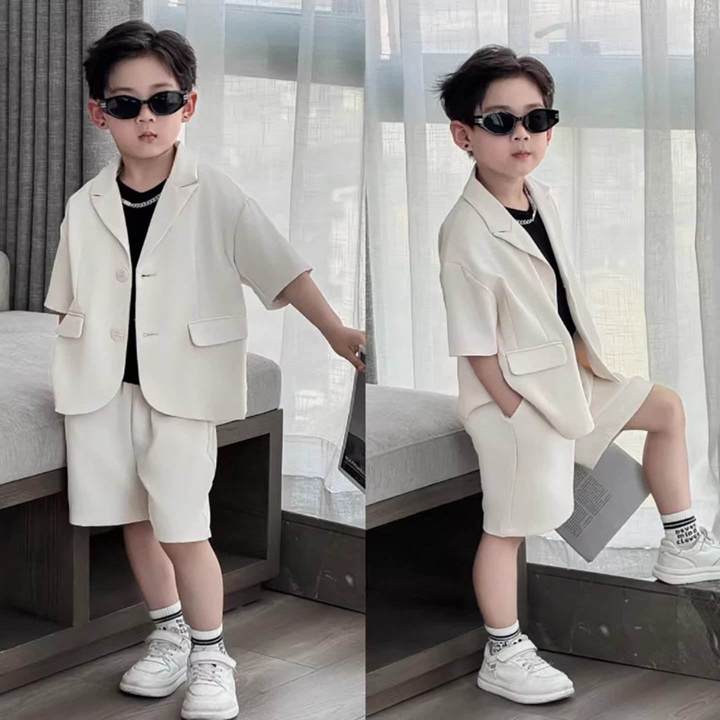 法国Uamtor男童套装2026新款儿童夏季短袖西装两件套男孩休闲短裤