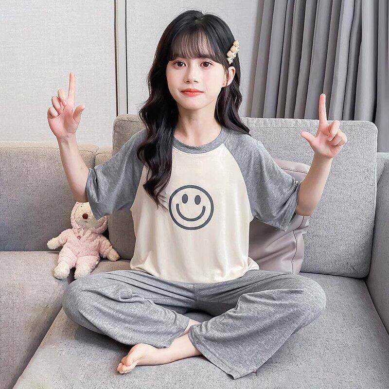法国Uamtor女童睡衣夏季莫代尔短袖长裤家居服薄款网红女孩空调服
