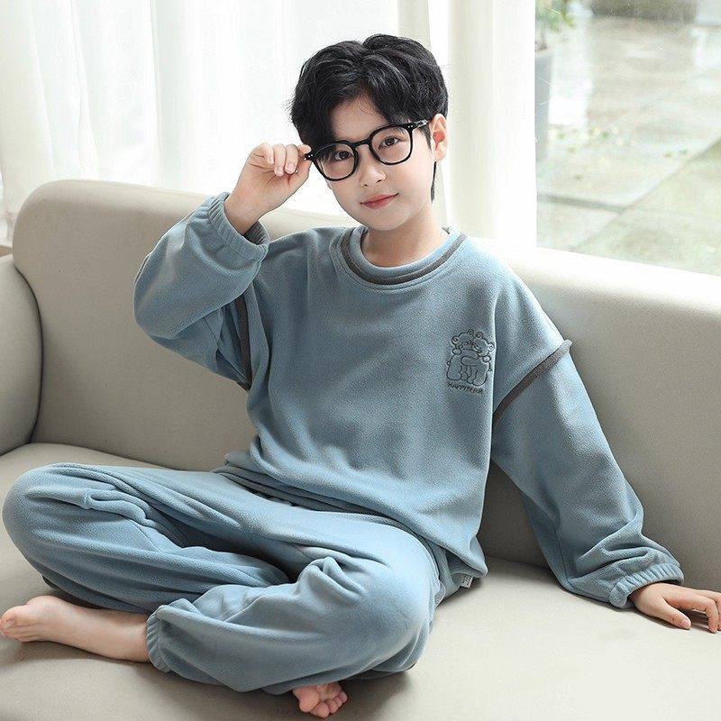 法国Uamtor男童睡衣法兰绒秋冬季保暖家居服男孩加厚外穿套装加绒