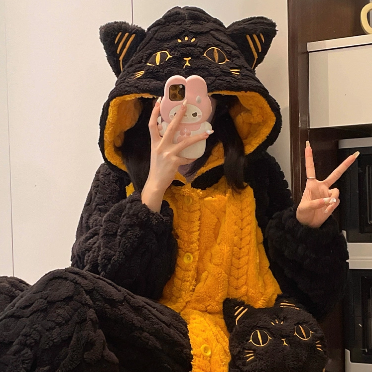 法国OIMG珊瑚绒睡袍女秋冬季加绒加厚保暖连帽睡衣甜美冬天家居服