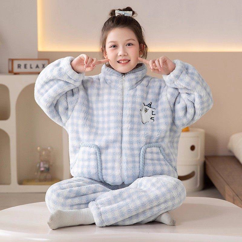 法国Uamtor女童睡衣秋冬2025新款珊瑚绒加厚保暖法兰绒女孩家居服