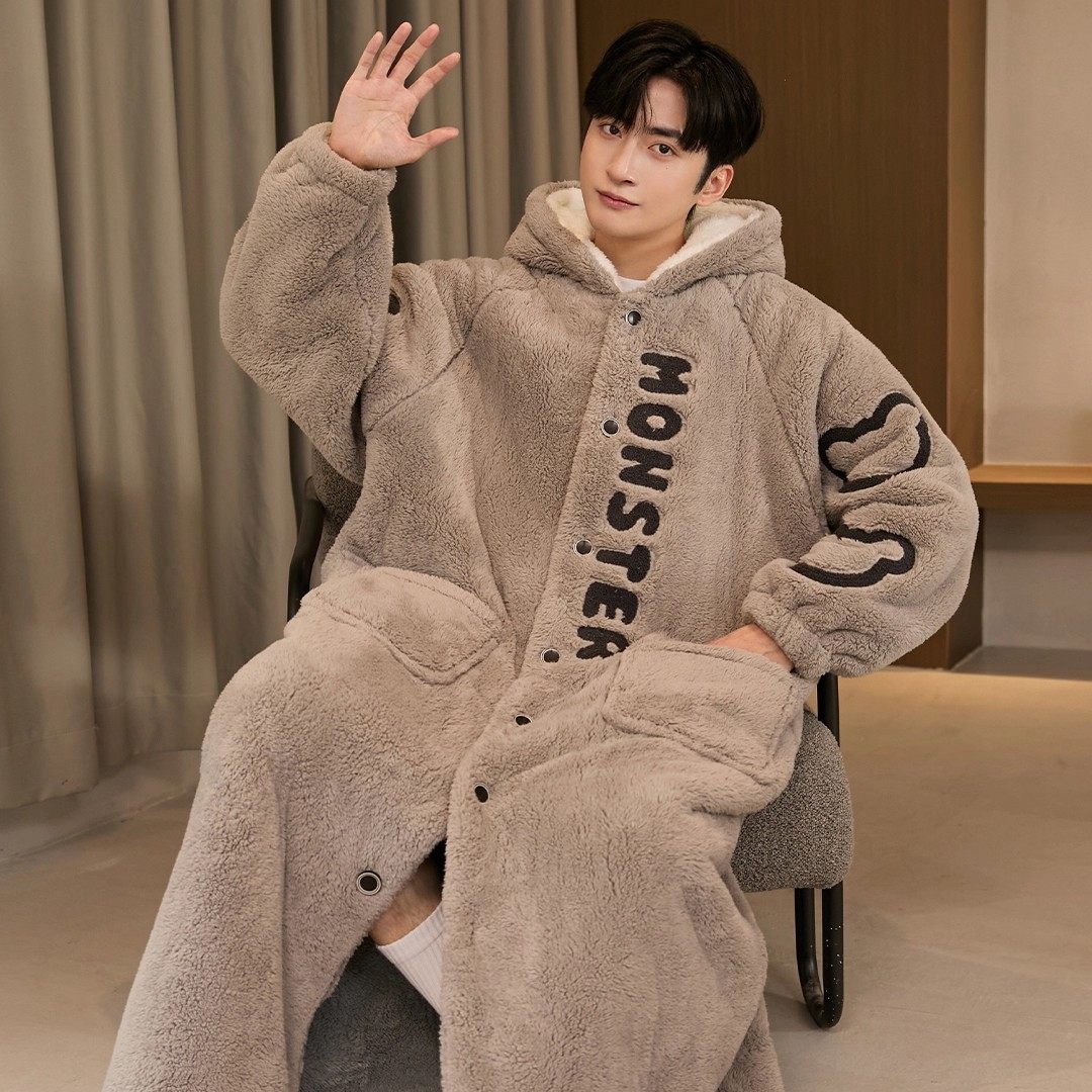 法国OIMG加长款男士睡袍2025年秋冬款冬季珊瑚绒睡衣保暖加厚浴袍