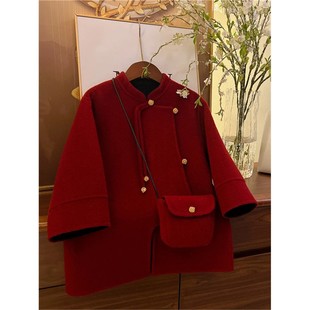 韩国Uamtor女童双面羊绒大衣冬款新款安可拉红年服中长款国风外套