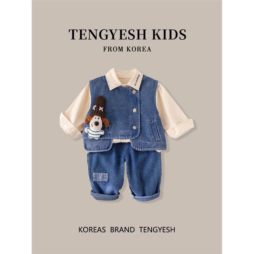 韩国TENGYESH男童春秋套装宝宝儿童长袖衬衫牛仔马甲裤子帅气衣服