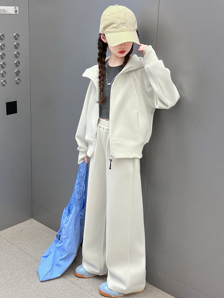 女童春装套装2026新款双开纯色套装休闲时尚连帽宽松阔腿裤两件套