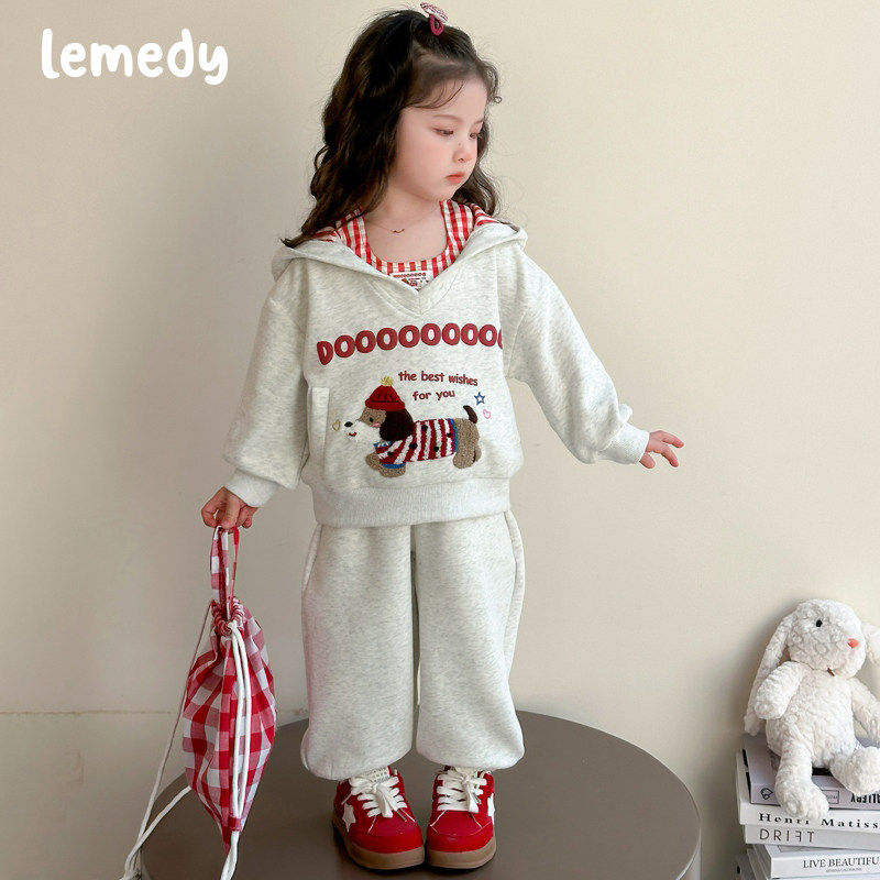 韩国Lemedy女童春季连帽运动衫套装2025新款儿童春装宝宝运动三件