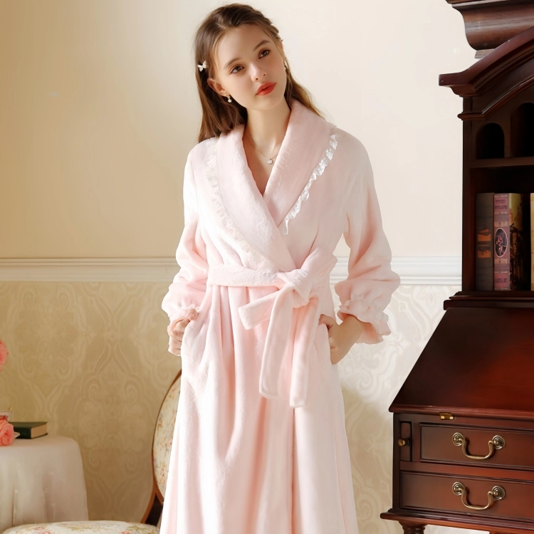 法国OIMG珊瑚绒睡袍女款冬季加厚加绒保暖浴袍法兰绒睡衣晨袍外套