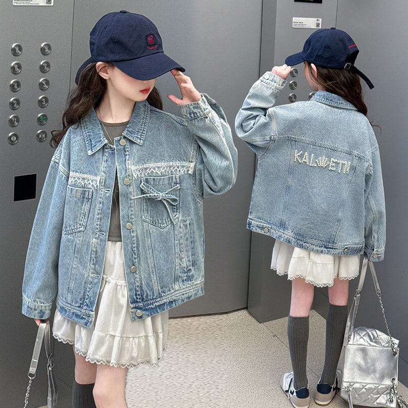 法国轻奢潮童女童牛仔外套春装2026新款洋气儿童蕾丝花边衬衫上衣