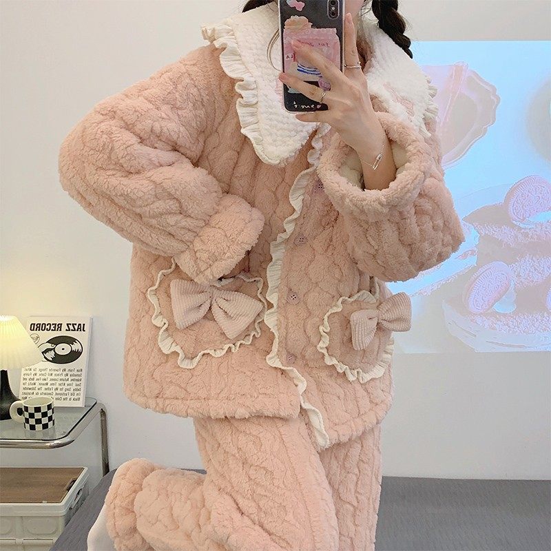 法国OIMG珊瑚绒睡衣女冬季三层夹棉秋冬款加厚加绒冬天保暖家居服