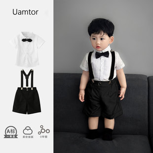 韩国Uamtor婴儿套装夏季新款男宝宝生日衣服周岁礼服背带裤两件套