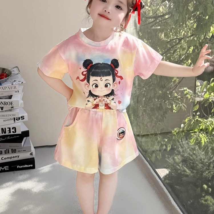 法国哪吒儿童服装夏季女童套装2025新款时髦女宝短袖T恤女孩衣服