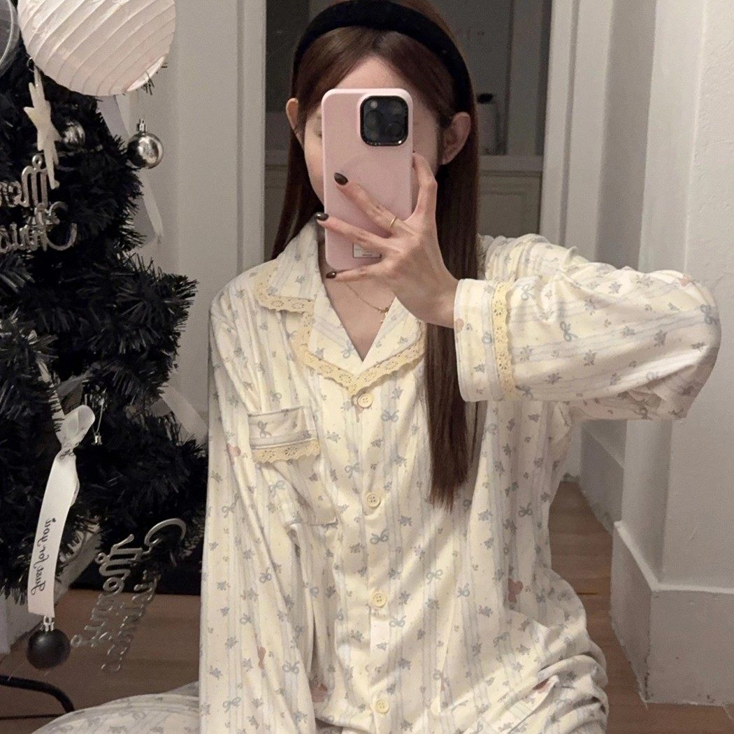 法国OIMG甜美蕾丝加厚德绒睡衣女款秋冬季舒适开衫保暖家居服冬