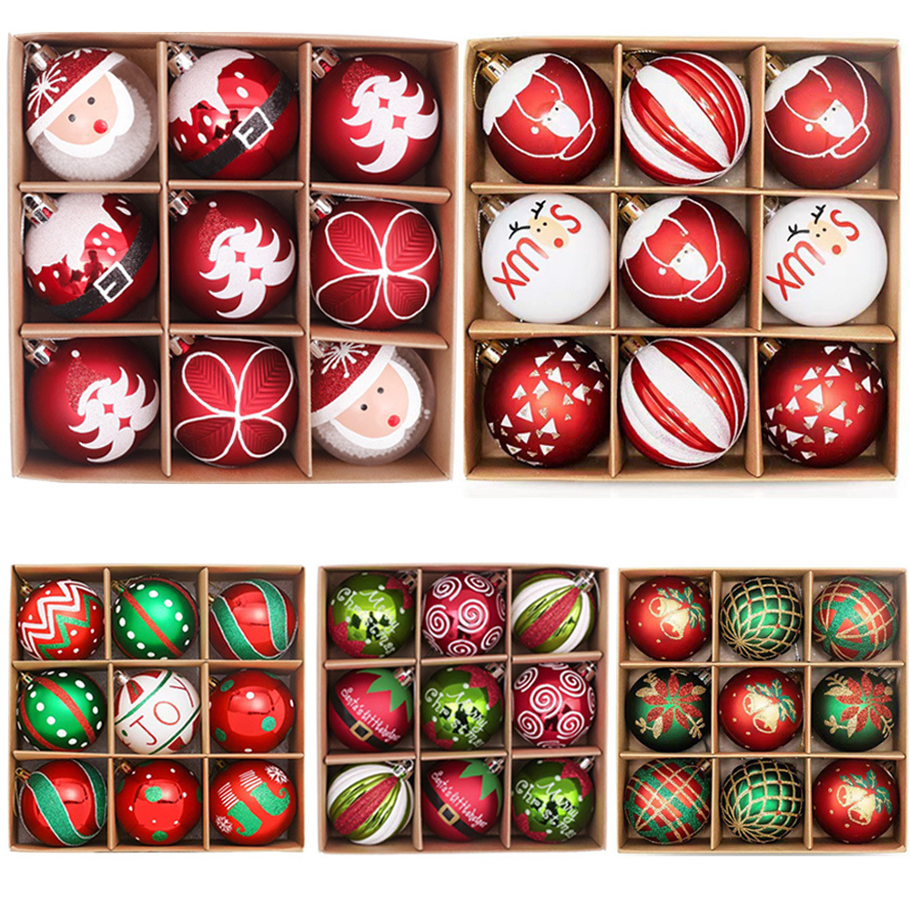 新款圣诞节主题元素6CM9PCS手绘圣诞球套装圣诞树挂件装饰品