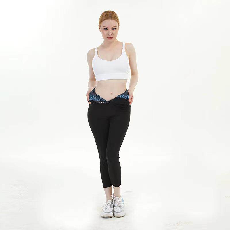 新款排扣收腹暴汗束腰裤女士高腰涂层运动健身九分裤暴汗裤